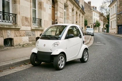 Voiture sans permis blanche garée dans une rue résidentielle française illustrant la réglementation de vitesse maximale