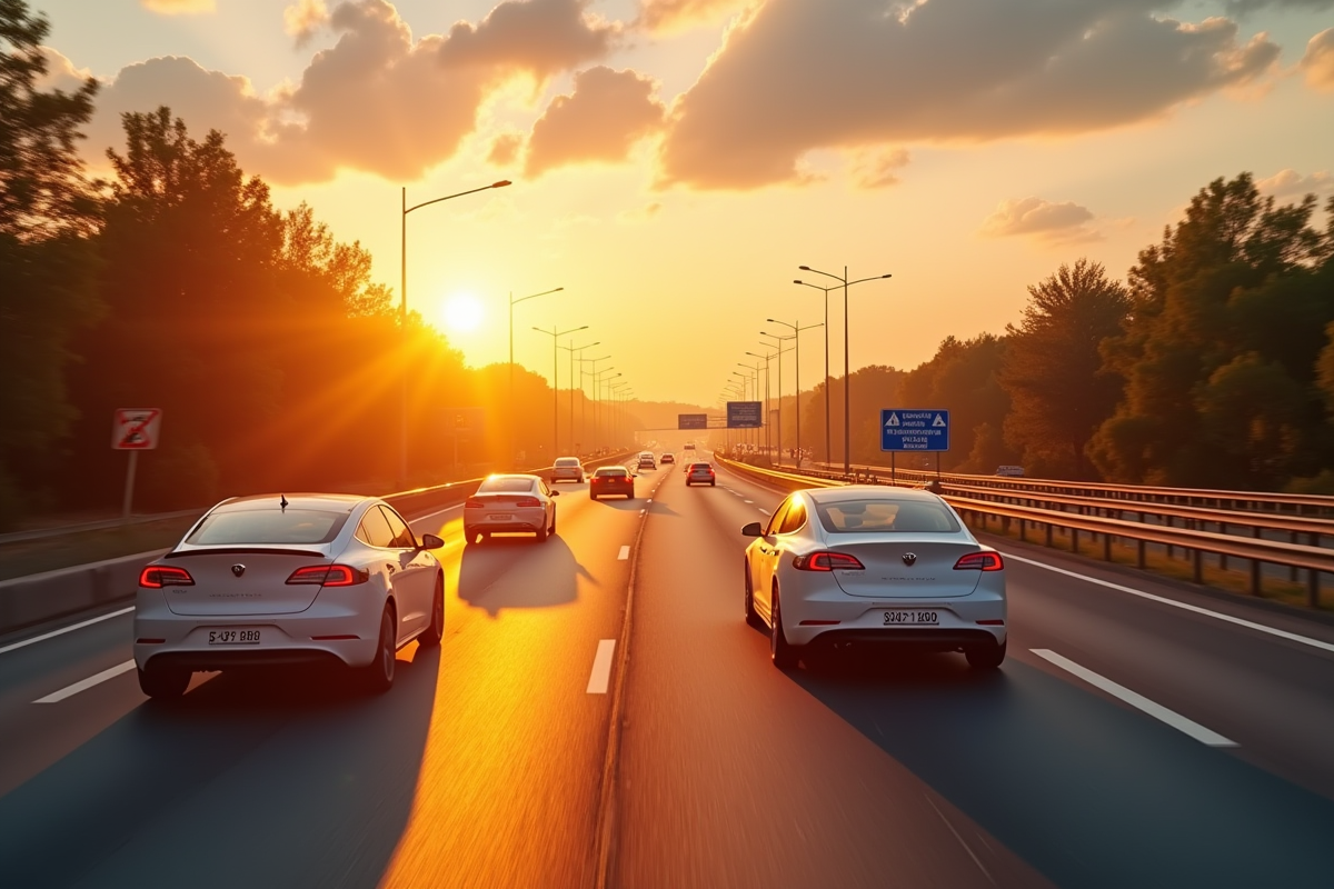 Plusieurs voitures hybrides sur une autoroute en heure dorée