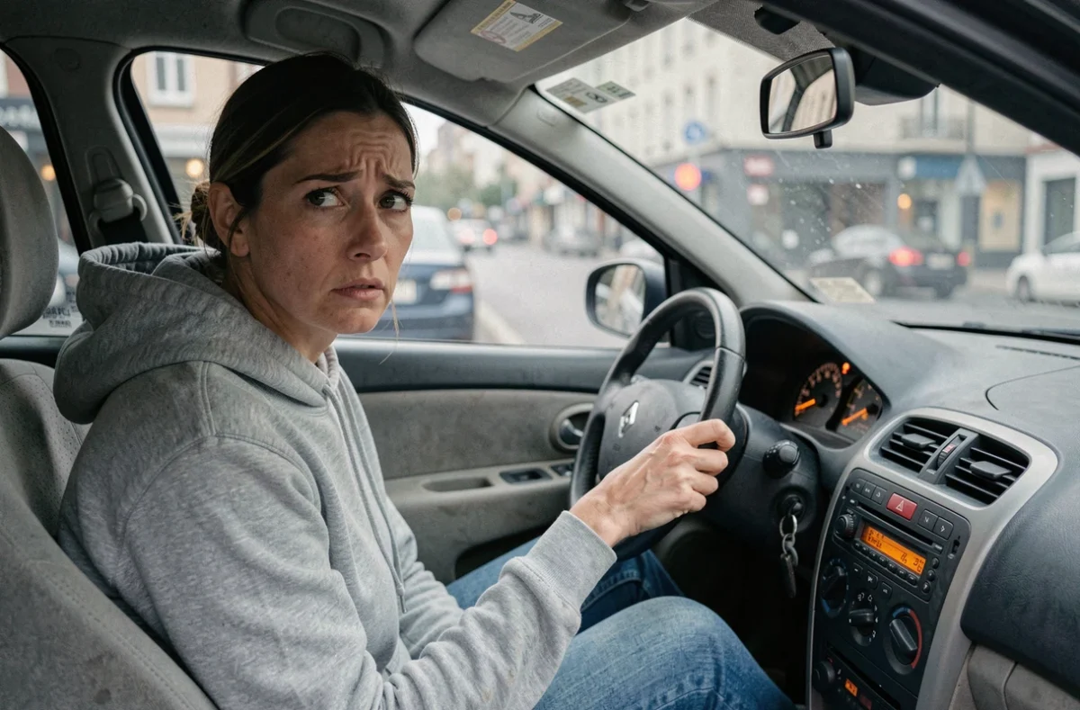Femme inquiète regardant le voyant moteur allumé sur le tableau de bord d'une Renault Clio 2