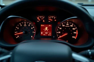 Tableau de bord Peugeot 208 avec voyants lumineux allumés indiquant des alertes moteur, batterie et pression des pneus