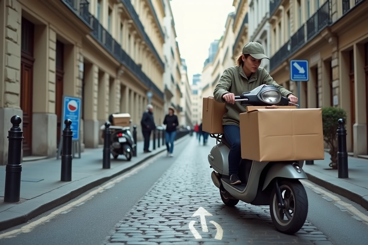 Vue grand angle d'une rue parisienne avec une zone de livraison à pointillés et une coursière à scooter chargée de colis dans un arrondissement central